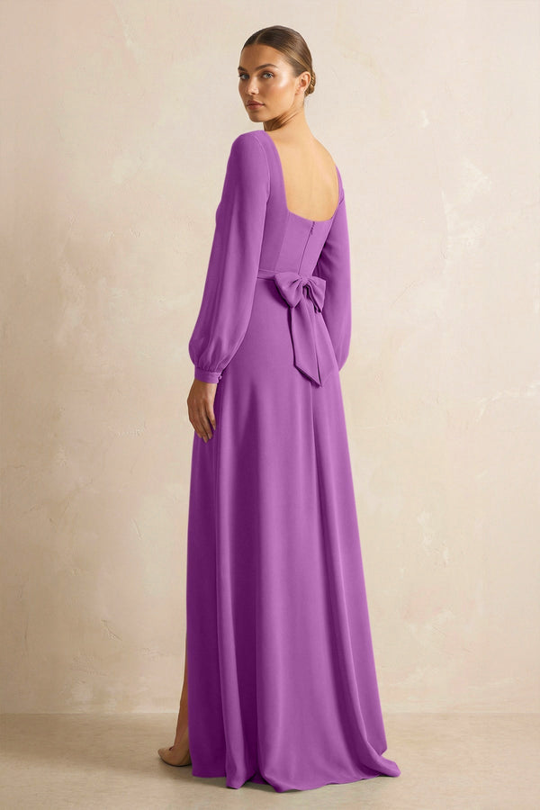 Square Neck Long Sleeves Chiffon Sheath Bridesmaid Dress in Amethyst - KissProm Bridesmaid Dresses