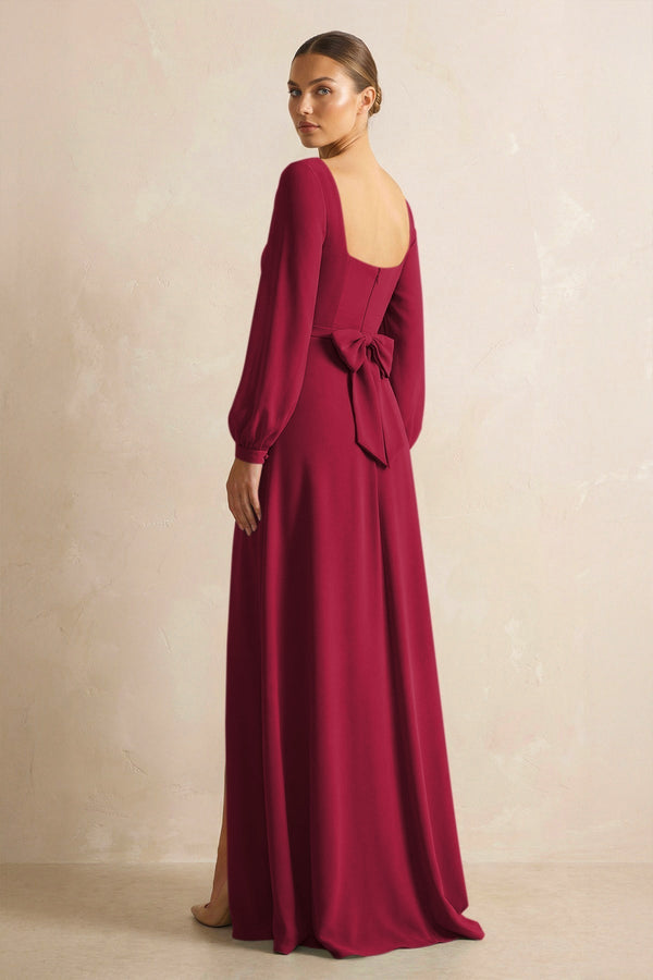 Square Neck Long Sleeves Chiffon Sheath Bridesmaid Dress in Berry - KissProm Bridesmaid Dresses