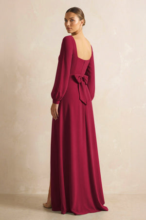 Square Neck Long Sleeves Chiffon Sheath Bridesmaid Dress in Berry - KissProm Bridesmaid Dresses