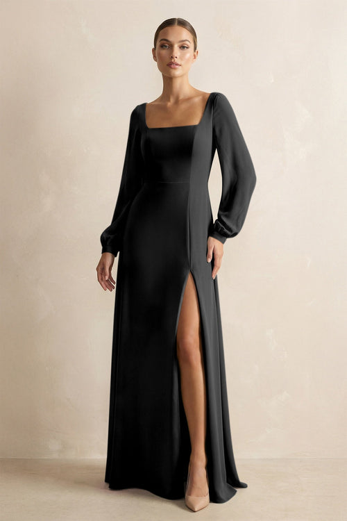 Square Neck Long Sleeves Chiffon Sheath Bridesmaid Dress in Black - KissProm Bridesmaid Dresses