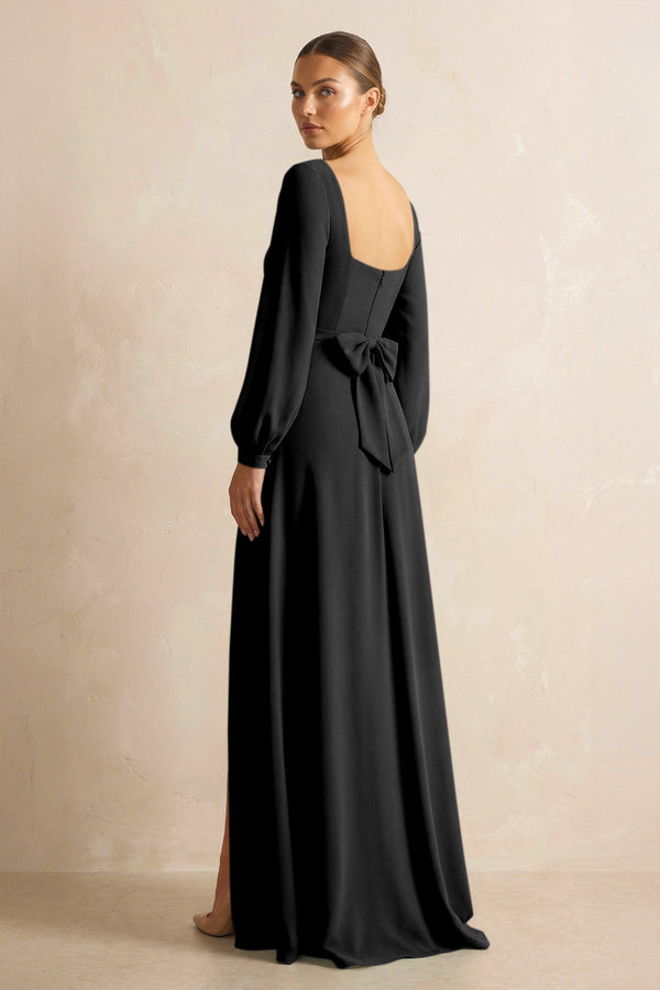 Square Neck Long Sleeves Chiffon Sheath Bridesmaid Dress in Black - KissProm Bridesmaid Dresses