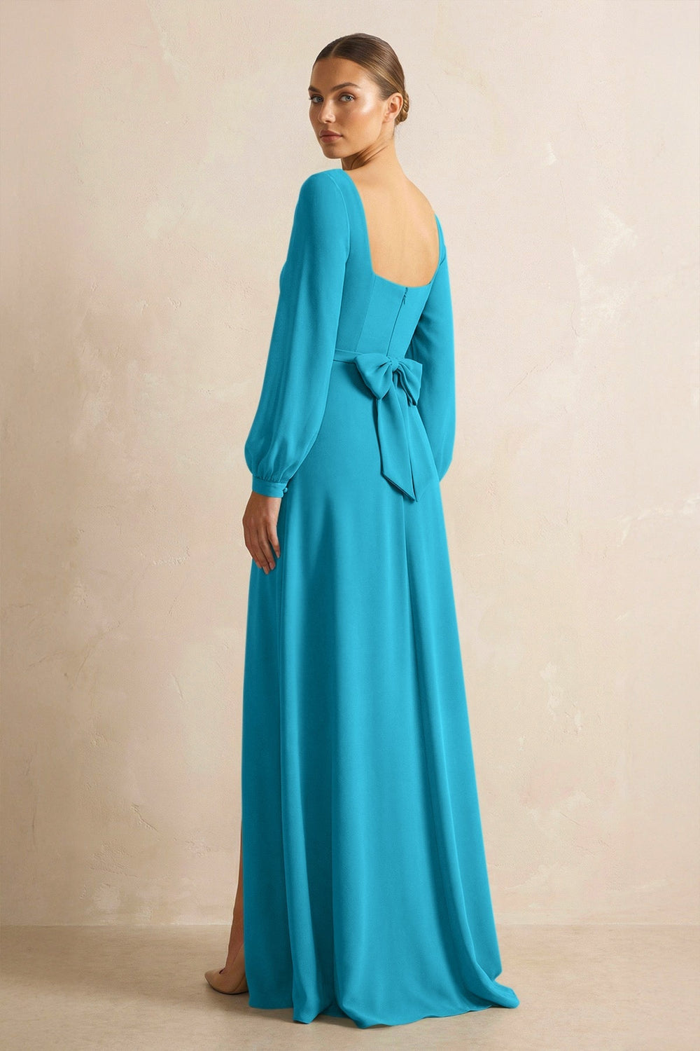 Square Neck Long Sleeves Chiffon Sheath Bridesmaid Dress in Blue Jay - KissProm Bridesmaid Dresses