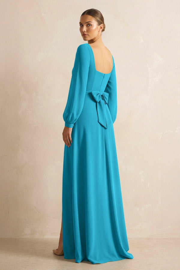 Square Neck Long Sleeves Chiffon Sheath Bridesmaid Dress in Blue Jay - KissProm Bridesmaid Dresses