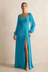 Square Neck Long Sleeves Chiffon Sheath Bridesmaid Dress in Blue Jay - KissProm Bridesmaid Dresses