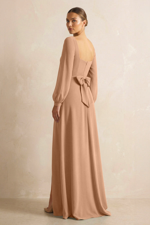 Square Neck Long Sleeves Chiffon Sheath Bridesmaid Dress in Bronzer - KissProm Bridesmaid Dresses