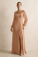 Square Neck Long Sleeves Chiffon Sheath Bridesmaid Dress in Bronzer - KissProm Bridesmaid Dresses