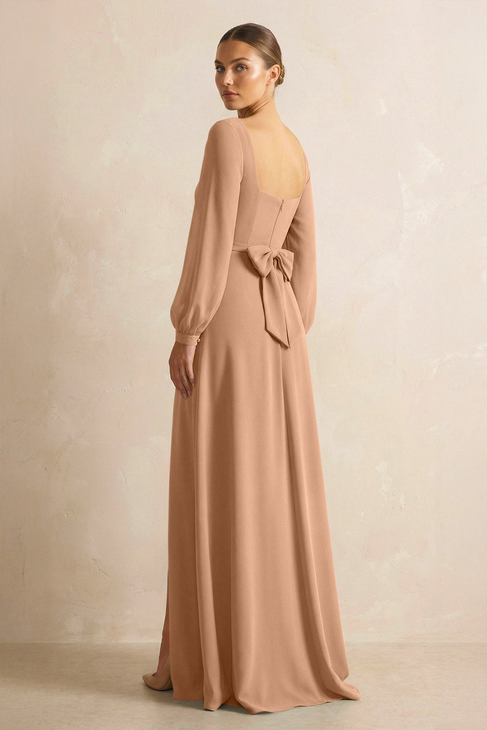Square Neck Long Sleeves Chiffon Sheath Bridesmaid Dress in Bronzer - KissProm Bridesmaid Dresses