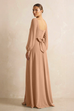 Square Neck Long Sleeves Chiffon Sheath Bridesmaid Dress in Bronzer - KissProm Bridesmaid Dresses