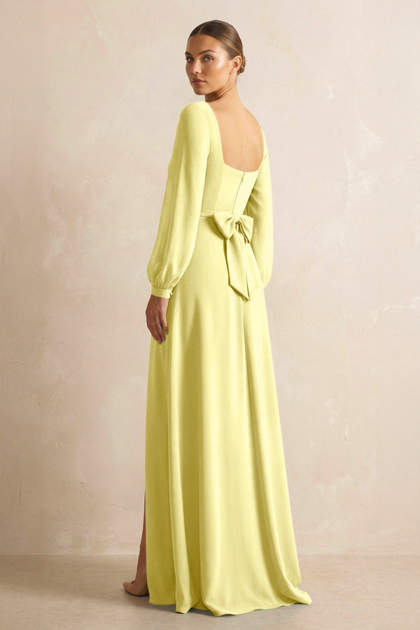 Square Neck Long Sleeves Chiffon Sheath Bridesmaid Dress in Buttercup - KissProm Bridesmaid Dresses