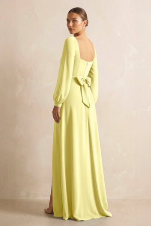 Square Neck Long Sleeves Chiffon Sheath Bridesmaid Dress in Buttercup - KissProm Bridesmaid Dresses