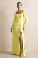 Square Neck Long Sleeves Chiffon Sheath Bridesmaid Dress in Buttercup - KissProm Bridesmaid Dresses