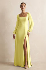 Square Neck Long Sleeves Chiffon Sheath Bridesmaid Dress in Buttercup - KissProm Bridesmaid Dresses