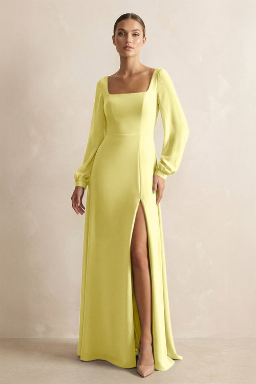Square Neck Long Sleeves Chiffon Sheath Bridesmaid Dress in Buttercup - KissProm Bridesmaid Dresses