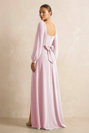 Square Neck Long Sleeves Chiffon Sheath Bridesmaid Dress in Candy Pink - KissProm Bridesmaid Dresses
