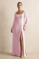 Square Neck Long Sleeves Chiffon Sheath Bridesmaid Dress in Candy Pink - KissProm Bridesmaid Dresses