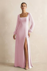 Square Neck Long Sleeves Chiffon Sheath Bridesmaid Dress in Candy Pink - KissProm Bridesmaid Dresses