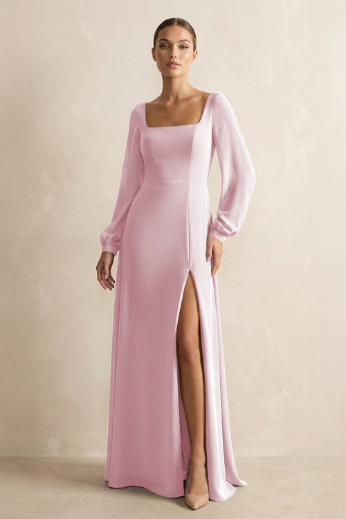 Square Neck Long Sleeves Chiffon Sheath Bridesmaid Dress in Candy Pink - KissProm Bridesmaid Dresses