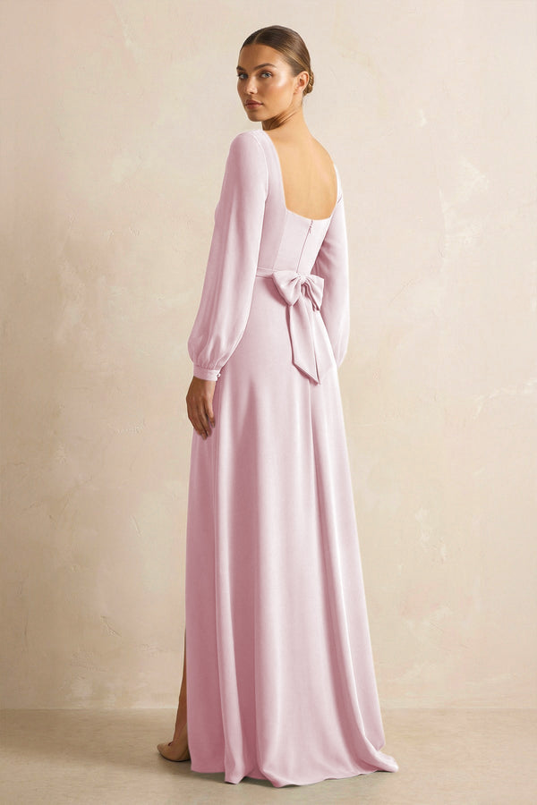 Square Neck Long Sleeves Chiffon Sheath Bridesmaid Dress in Candy Pink - KissProm Bridesmaid Dresses