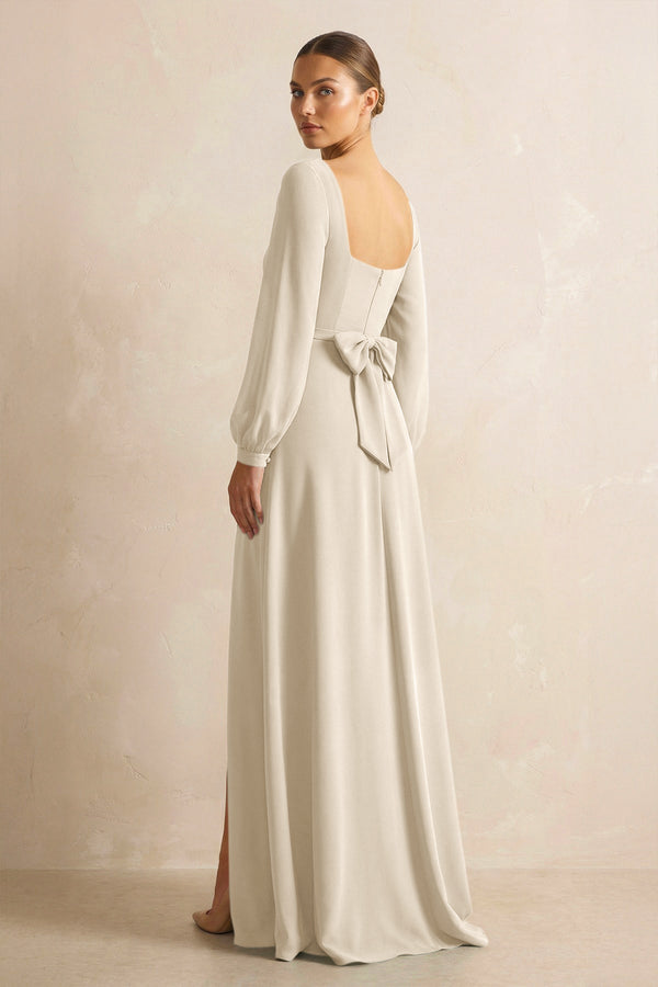 Square Neck Long Sleeves Chiffon Sheath Bridesmaid Dress in Champagne - KissProm Bridesmaid Dresses