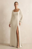 Square Neck Long Sleeves Chiffon Sheath Bridesmaid Dress in Champagne - KissProm Bridesmaid Dresses