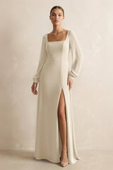 Square Neck Long Sleeves Chiffon Sheath Bridesmaid Dress in Champagne - KissProm Bridesmaid Dresses
