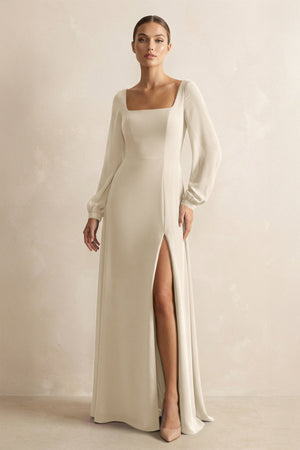 Square Neck Long Sleeves Chiffon Sheath Bridesmaid Dress in Champagne - KissProm Bridesmaid Dresses