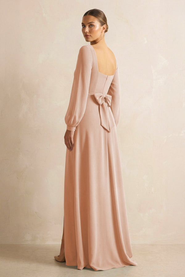 Square Neck Long Sleeves Chiffon Sheath Bridesmaid Dress in Champagne Rose - KissProm Bridesmaid Dresses