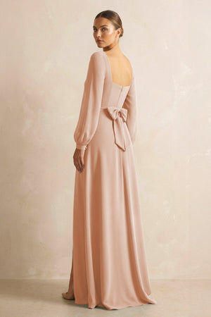 Square Neck Long Sleeves Chiffon Sheath Bridesmaid Dress in Champagne Rose - KissProm Bridesmaid Dresses