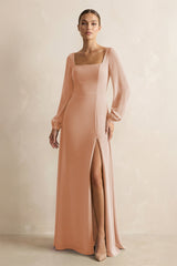 Square Neck Long Sleeves Chiffon Sheath Bridesmaid Dress in Champagne Rose - KissProm Bridesmaid Dresses