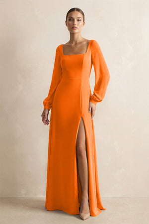 Square Neck Long Sleeves Chiffon Sheath Bridesmaid Dress in Cinnamon - KissProm Bridesmaid Dresses