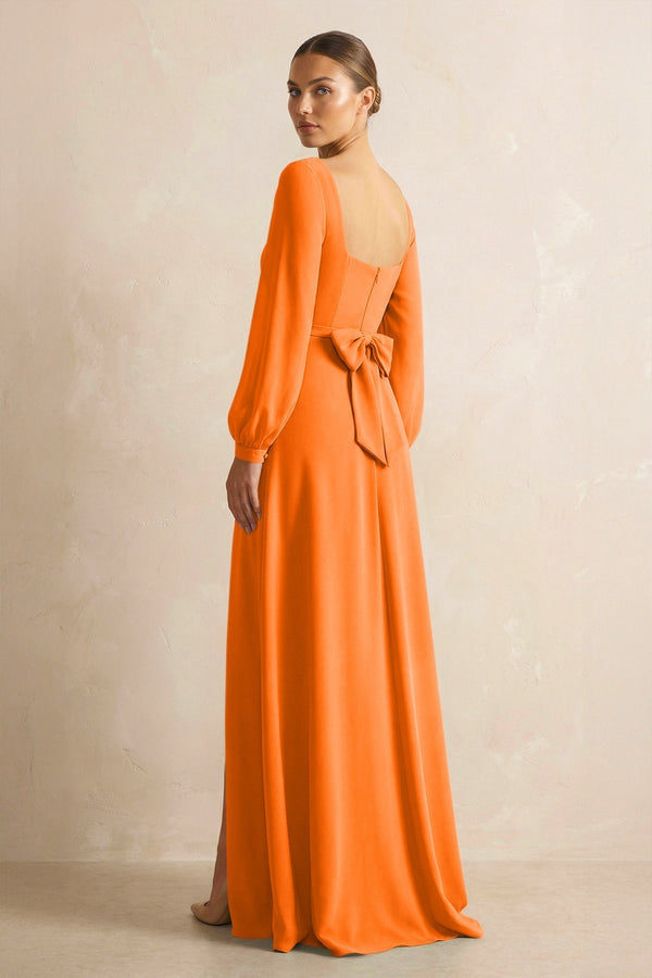 Square Neck Long Sleeves Chiffon Sheath Bridesmaid Dress in Cinnamon - KissProm Bridesmaid Dresses