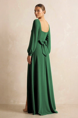 Square Neck Long Sleeves Chiffon Sheath Bridesmaid Dress in Dark Green - KissProm Bridesmaid Dresses