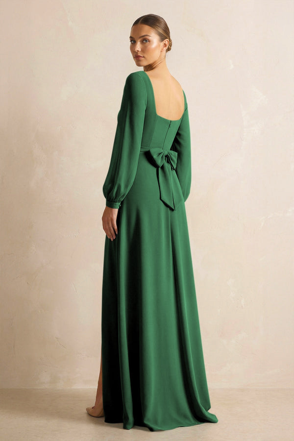 Square Neck Long Sleeves Chiffon Sheath Bridesmaid Dress in Dark Green - KissProm Bridesmaid Dresses