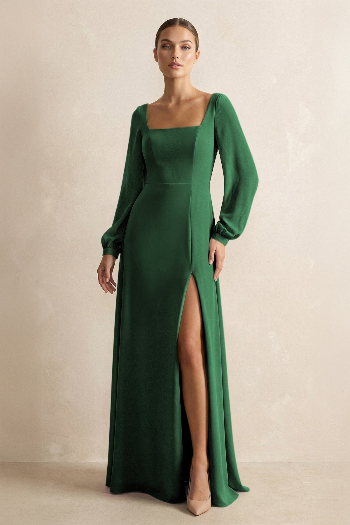 KissProm Square Neck Long Sleeves Chiffon Sheath Bridesmaid Dress in Dark Green, Dark Green / 28