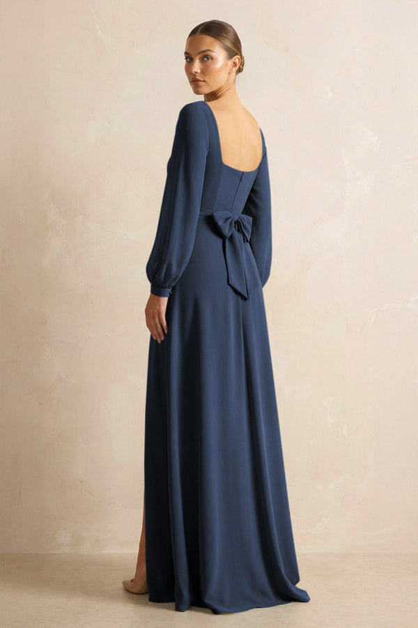 Square Neck Long Sleeves Chiffon Sheath Bridesmaid Dress in Dark Navy - KissProm Bridesmaid Dresses