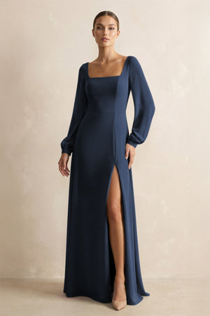 Square Neck Long Sleeves Chiffon Sheath Bridesmaid Dress in Dark Navy - KissProm Bridesmaid Dresses