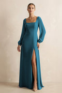 Square Neck Long Sleeves Chiffon Sheath Bridesmaid Dress in Dark Teal - KissProm Bridesmaid Dresses