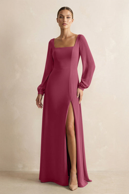 Square Neck Long Sleeves Chiffon Sheath Bridesmaid Dress in Desert Rose - KissProm Bridesmaid Dresses