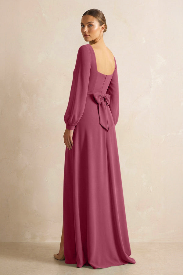 Square Neck Long Sleeves Chiffon Sheath Bridesmaid Dress in Desert Rose - KissProm Bridesmaid Dresses