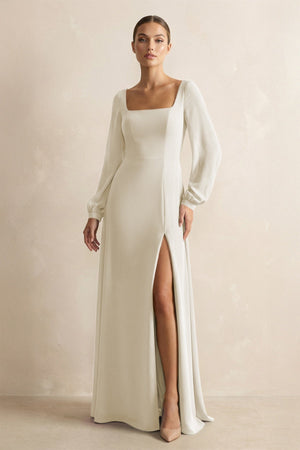 Square Neck Long Sleeves Chiffon Sheath Bridesmaid Dress in Dove Gray - KissProm Bridesmaid Dresses