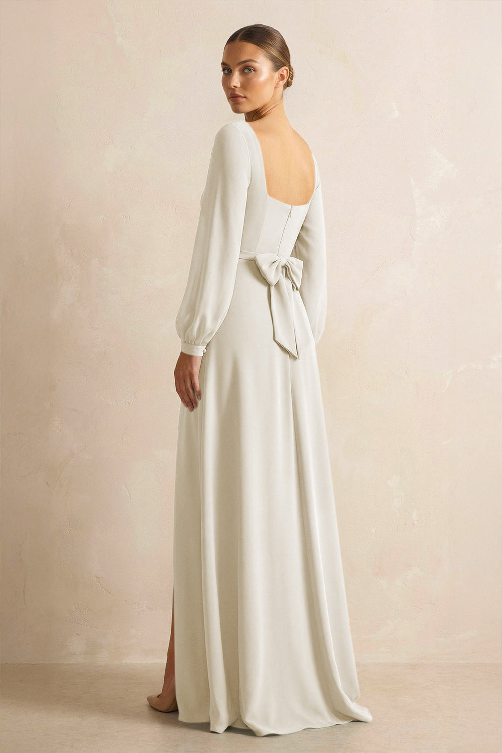 Square Neck Long Sleeves Chiffon Sheath Bridesmaid Dress in Dove Gray - KissProm Bridesmaid Dresses