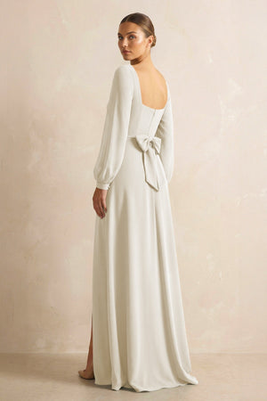 Square Neck Long Sleeves Chiffon Sheath Bridesmaid Dress in Dove Gray - KissProm Bridesmaid Dresses