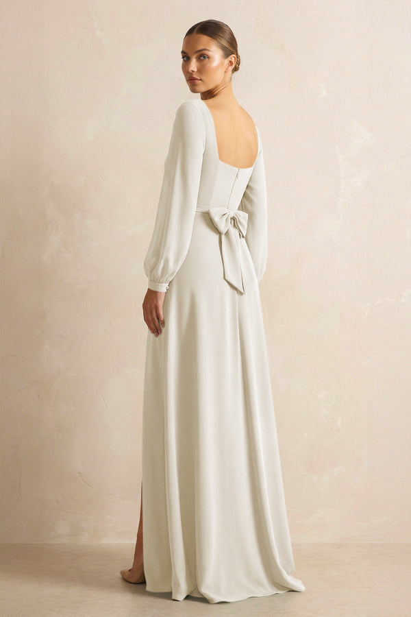 Square Neck Long Sleeves Chiffon Sheath Bridesmaid Dress in Dove Gray - KissProm Bridesmaid Dresses