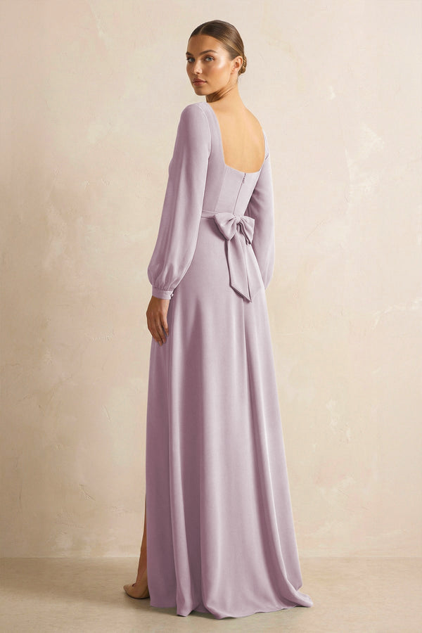 Square Neck Long Sleeves Chiffon Sheath Bridesmaid Dress in Dusk - KissProm Bridesmaid Dresses