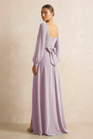 Square Neck Long Sleeves Chiffon Sheath Bridesmaid Dress in Dusk - KissProm Bridesmaid Dresses