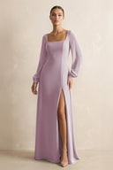 Square Neck Long Sleeves Chiffon Sheath Bridesmaid Dress in Dusk - KissProm Bridesmaid Dresses