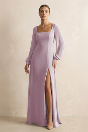 Square Neck Long Sleeves Chiffon Sheath Bridesmaid Dress in Dusk - KissProm Bridesmaid Dresses