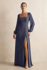 Square Neck Long Sleeves Chiffon Sheath Bridesmaid Dress in Dusk Blue - KissProm Bridesmaid Dresses