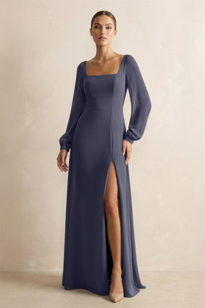 Square Neck Long Sleeves Chiffon Sheath Bridesmaid Dress in Dusk Blue - KissProm Bridesmaid Dresses