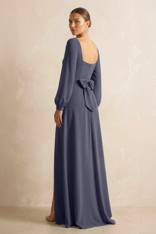 Square Neck Long Sleeves Chiffon Sheath Bridesmaid Dress in Dusk Blue - KissProm Bridesmaid Dresses